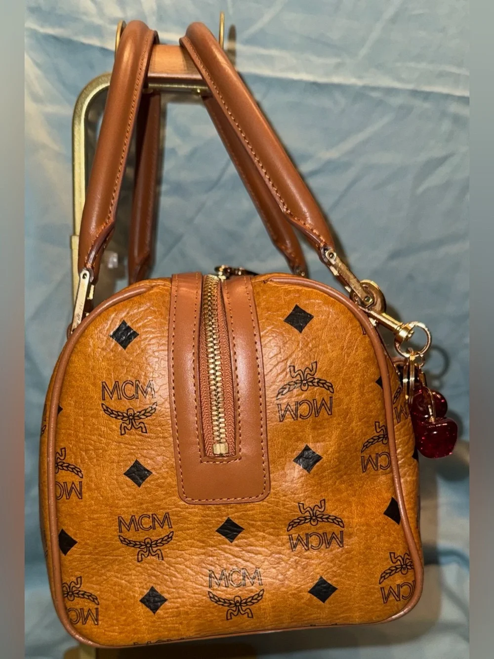 MCM Authentic Cognac Logo Visetos Boston Satchel with Gold Hardware